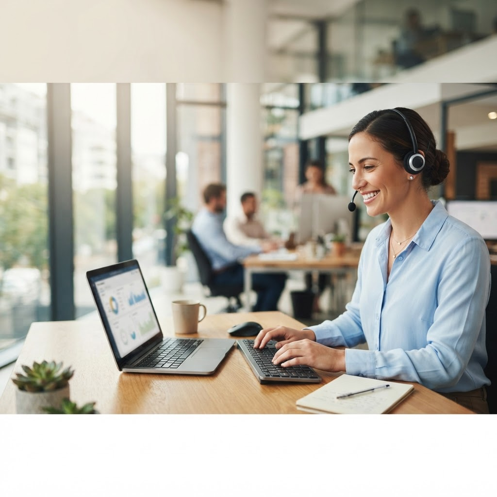 Atendente sorrindo enquanto trabalha em um notebook em um escritório moderno